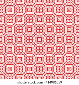 Seamless pattern with symmetric geometric ornament. Red white circles and square abstract background.  Abstract repeated spheres and circuit lines wallpaper. Vector illustration