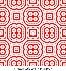 Seamless pattern with symmetric geometric ornament. Red white circles and square abstract background.  Abstract repeated spheres and circuit lines wallpaper. Vector illustration