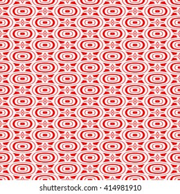 Seamless pattern with symmetric geometric ornament. Red white circles and stars abstract background.  Abstract repeated spheres and circuit lines wallpaper. Vector illustration