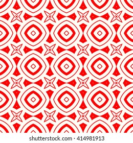 Seamless pattern with symmetric geometric ornament. Red white circles and stars abstract background.  Abstract repeated spheres and circuit lines wallpaper. Vector illustration