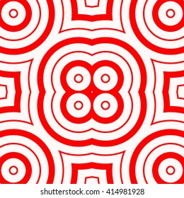 Seamless pattern with symmetric geometric ornament. Red white circles and square abstract background.  Abstract repeated spheres and circuit lines wallpaper. Vector illustration
