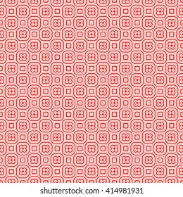 Seamless pattern with symmetric geometric ornament. Red white circles and square abstract background.  Abstract repeated spheres and circuit lines wallpaper. Vector illustration