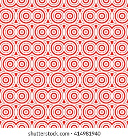 Seamless pattern with symmetric geometric ornament. Red white circles and rhombuses abstract background.  Abstract repeated spheres and circuit lines wallpaper. Vector illustration