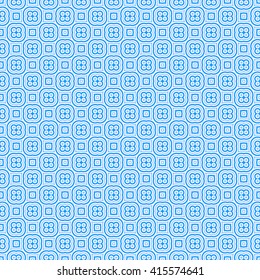 Seamless pattern with symmetric geometric ornament. Blue white circles and rhombuses abstract background.  Abstract repeated spheres and circuit lines wallpaper. Vector illustration