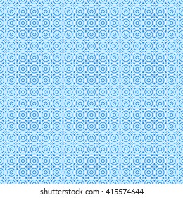 Seamless pattern with symmetric geometric ornament. Blue white circles and stars abstract background.  Abstract repeated spheres and circuit lines wallpaper. Vector illustration