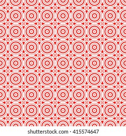 Seamless pattern with symmetric geometric ornament. Red white circles and stars abstract background.  Abstract repeated spheres and circuit lines wallpaper. Vector illustration