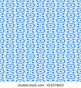 Seamless pattern with symmetric geometric ornament. Blue white circles and stars abstract background.  Abstract repeated spheres and circuit lines wallpaper. Vector illustration