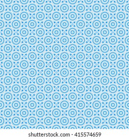 Seamless pattern with symmetric geometric ornament. Blue white circles and stars abstract background.  Abstract repeated spheres and circuit lines wallpaper. Vector illustration