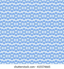 Seamless pattern with symmetric geometric ornament. Blue white circles and stars abstract background.  Abstract repeated spheres and circuit lines wallpaper. Vector illustration