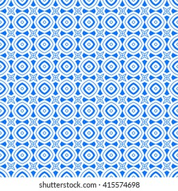 Seamless pattern with symmetric geometric ornament. Blue white circles and stars abstract background.  Abstract repeated spheres and circuit lines wallpaper. Vector illustration