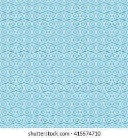 Seamless pattern with symmetric geometric ornament. Blue white circles and rhombuses abstract background.  Abstract repeated spheres and circuit lines wallpaper. Vector illustration