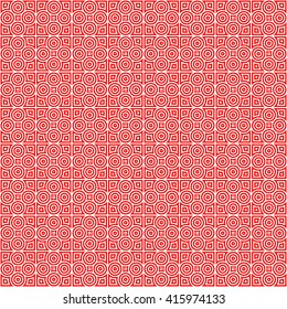 Seamless pattern with symmetric geometric ornament. Red white circles and rhombuses abstract background.  Abstract repeated spheres and circuit lines wallpaper. Vector illustration