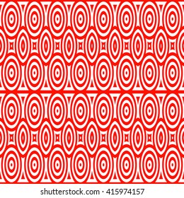 Seamless pattern with symmetric geometric ornament. Red white circles and rhombuses abstract background.  Abstract repeated spheres and circuit lines wallpaper. Vector illustration