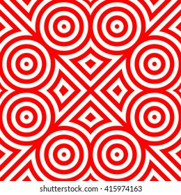 Seamless pattern with symmetric geometric ornament. Red white circles and rhombuses abstract background.  Abstract repeated spheres and circuit lines wallpaper. Vector illustration