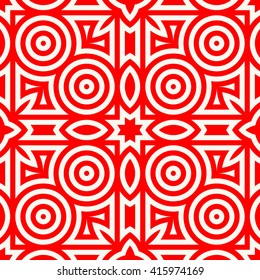 Seamless pattern with symmetric geometric ornament. Red white circles and rhombuses abstract background.  Abstract repeated spheres and circuit lines wallpaper. Vector illustration