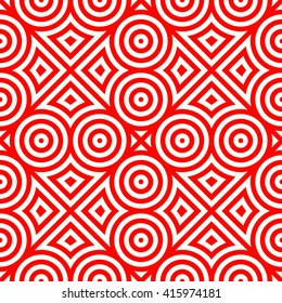 Seamless pattern with symmetric geometric ornament. Red white circles and rhombuses abstract background.  Abstract repeated spheres and circuit lines wallpaper. Vector illustration