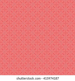 Seamless pattern with symmetric geometric ornament. Red white circles and rhombuses abstract background.  Abstract repeated spheres and circuit lines wallpaper. Vector illustration
