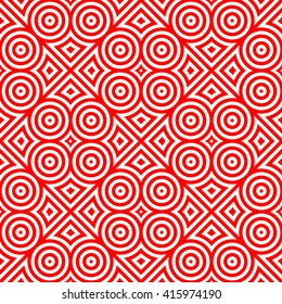 Seamless pattern with symmetric geometric ornament. Red white circles and rhombuses abstract background.  Abstract repeated spheres and circuit lines wallpaper. Vector illustration