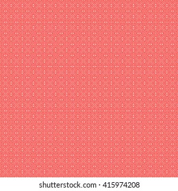 Seamless pattern with symmetric geometric ornament. Red white circles and rhombuses abstract background.  Abstract repeated spheres and circuit lines wallpaper. Vector illustration