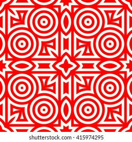 Seamless pattern with symmetric geometric ornament. Red white circles and rhombuses abstract background.  Abstract repeated spheres and circuit lines wallpaper. Vector illustration