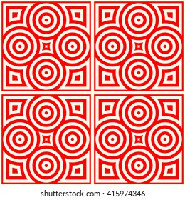 Seamless pattern with symmetric geometric ornament. Red white circles and rhombuses abstract background.  Abstract repeated spheres and circuit lines wallpaper. Vector illustration