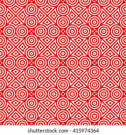 Seamless pattern with symmetric geometric ornament. Red white circles and rhombuses abstract background.  Abstract repeated spheres and circuit lines wallpaper. Vector illustration
