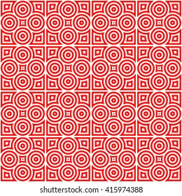 Seamless pattern with symmetric geometric ornament. Red white circles and rhombuses abstract background.  Abstract repeated spheres and circuit lines wallpaper. Vector illustration