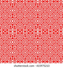 Seamless pattern with symmetric geometric ornament. Red white circles and rhombuses abstract background.  Abstract repeated spheres and circuit lines wallpaper. Vector illustration