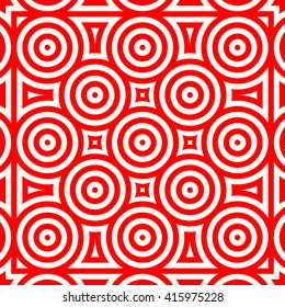 Seamless pattern with symmetric geometric ornament. Red white circles and rhombuses abstract background.  Abstract repeated spheres and circuit lines wallpaper. Vector illustration