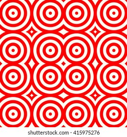 Seamless pattern with symmetric geometric ornament. Red white circles and rhombuses abstract background.  Abstract repeated spheres and circuit lines wallpaper. Vector illustration