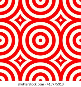 Seamless pattern with symmetric geometric ornament. Red white circles and rhombuses abstract background.  Abstract repeated spheres and circuit lines wallpaper. Vector illustration