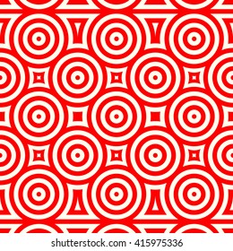 Seamless pattern with symmetric geometric ornament. Red white circles and rhombuses abstract background.  Abstract repeated spheres and circuit lines wallpaper. Vector illustration