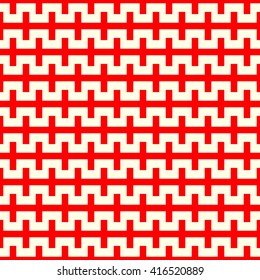Seamless pattern with symmetric geometric ornament. Zigzag striped red white abstract background. Curved lines abstract repeated wallpaper. Vector illustration