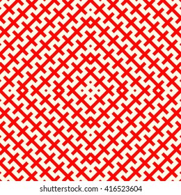 Seamless pattern with symmetric geometric ornament. Zigzag striped red white abstract background. Curved lines abstract repeated wallpaper. Vector illustration