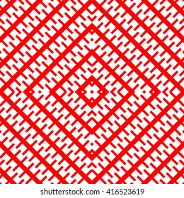 Seamless pattern with symmetric geometric ornament. Zigzag striped red white abstract background. Curved lines abstract repeated wallpaper. Vector illustration