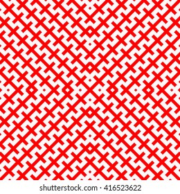 Seamless pattern with symmetric geometric ornament. Zigzag striped red white abstract background. Curved lines abstract repeated wallpaper. Vector illustration