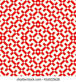 Seamless pattern with symmetric geometric ornament. Zigzag striped red white abstract background. Curved lines abstract repeated wallpaper. Vector illustration