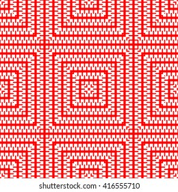 Seamless pattern with symmetric geometric ornament. Red white squares abstract background. Abstract repeated curved lines wallpaper. Vector illustration