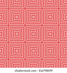 Seamless pattern with symmetric geometric ornament. Red white squares abstract background. Abstract repeated curved lines wallpaper. Vector illustration