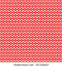Seamless pattern with symmetric geometric ornament. Zigzag striped red white abstract background. Curved lines abstract repeated wallpaper. Vector illustration