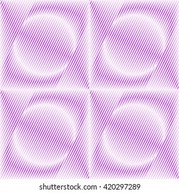 Seamless pattern with symmetric geometric ornament. Purple violet sharp lines and round spheres abstract background. 3d optical illusion effect wallpaper. Vector illustration