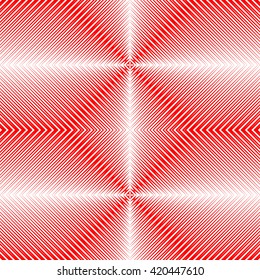 Seamless pattern with symmetric geometric ornament. Bright red white sharp lines abstract background. 3d optical illusion effect wallpaper. Vector illustration