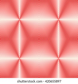 Seamless pattern with symmetric geometric ornament. Bright red white sharp lines abstract background. 3d optical illusion effect wallpaper. Vector illustration