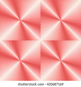 Seamless pattern with symmetric geometric ornament. Bright red white sharp lines abstract background. 3d optical illusion effect wallpaper. Vector illustration