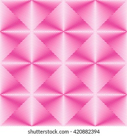 Seamless pattern with symmetric geometric ornament. Bright pink white sharp lines abstract background. 3d optical imitation effect wallpaper. Vector illustration