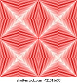 Seamless pattern with symmetric geometric ornament. Bright red white sharp lines abstract background. 3d optical faux effect wallpaper. Vector illustration