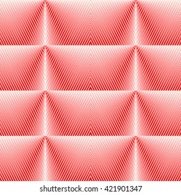 Seamless pattern with symmetric geometric ornament. Bright red white sharp lines abstract background. 3d optical faux effect wallpaper. Vector illustration