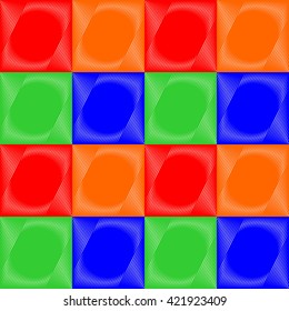 Seamless pattern with symmetric geometric ornament. White thin sharp lines on color squares wallpaper. Abstract background. 