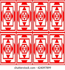 Seamless pattern with symmetric geometric ornament. Striped red white abstract background. Abstract repeated squares and triangles wallpaper. Vector illustration