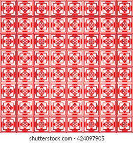 Seamless pattern with symmetric geometric ornament. Striped red white abstract background. Abstract repeated squares and triangles wallpaper. Vector illustration